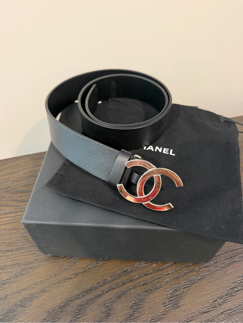 CHANEL Black Leather Belt with Gold Double C Buckle
